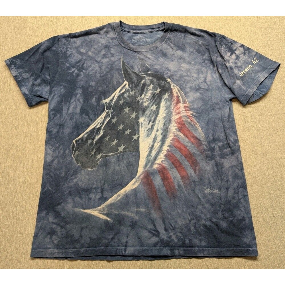 The Mountain American Flag Horse Shirt Men Large Blue Animal Tee Blue Jerome AZ